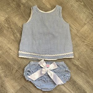 RuffleButts Blue Seersucker Ric Rac Swing Top and Bloomers